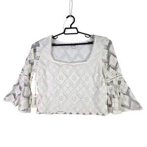 Womens Shyanne White Embroidered Blouse Square Neck Belle Sleeve Nylon Size L